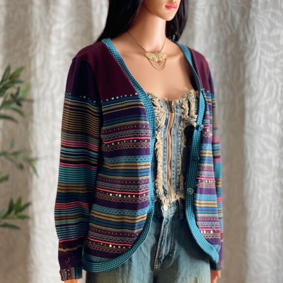 Vintage 90s Christopher & Banks Purple Blue Striped Sequined Cardigan Size L‎ - Picture 2 of 8